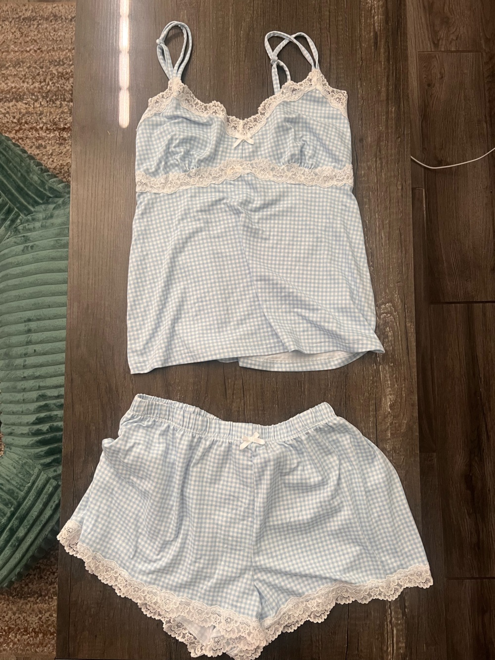 Laura Ashley Light Blue Gingham Lace-Trim Cami & Shorts Set